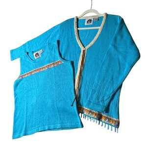 Vintage Storybook Knits Cardigan Sweater Set Cottagecore Southwestern Fringe Lrg